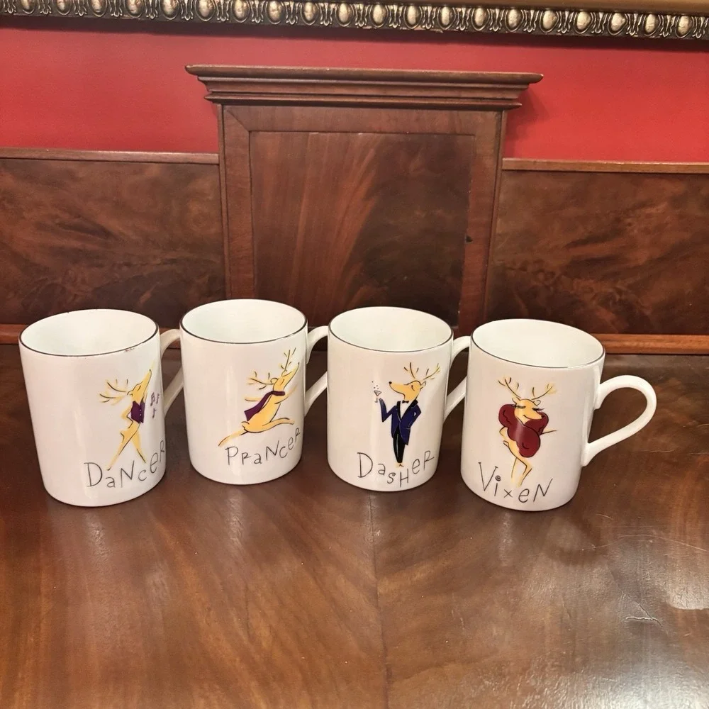 Pottery Barn Reindeer Mug Set of 4 Dasher Dancer‎ Prancer Vixen Christmas